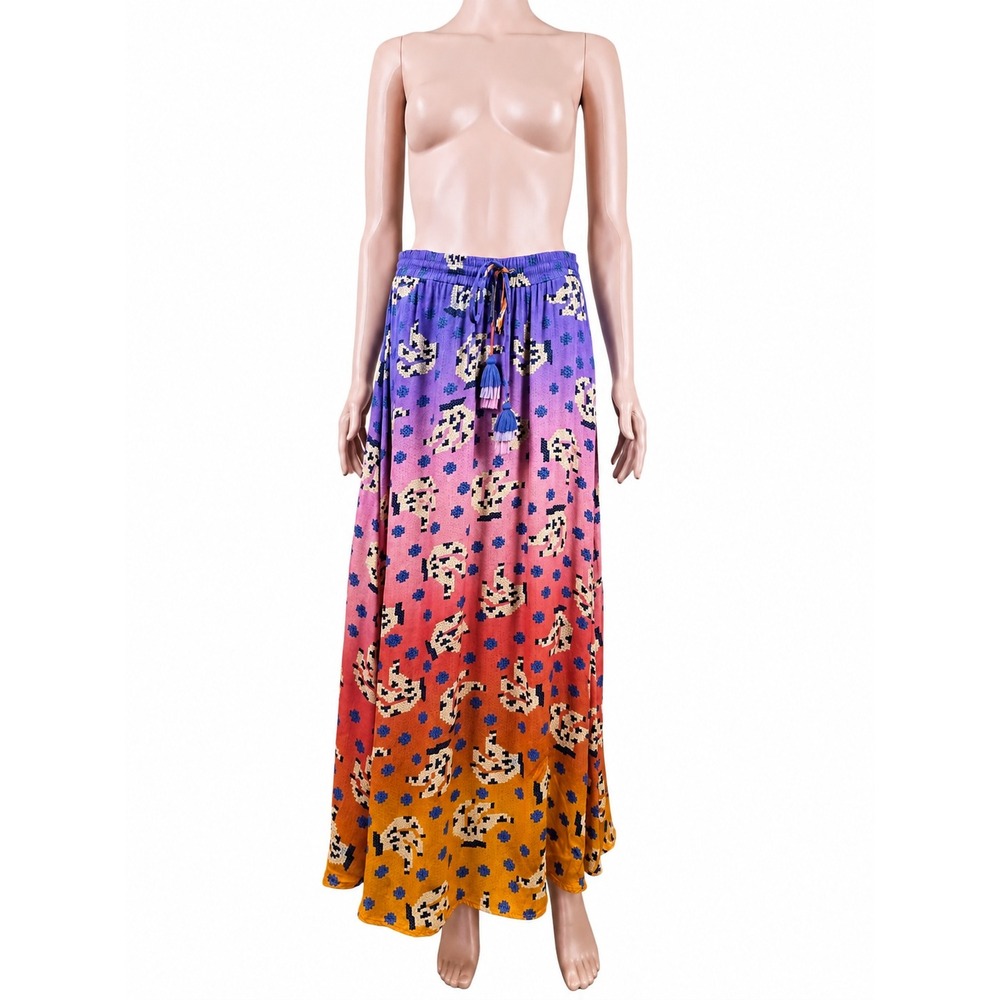 FARM Rio Anthropologie Ombre Maxi Skirt M Paisley Print Tassel Drawstring